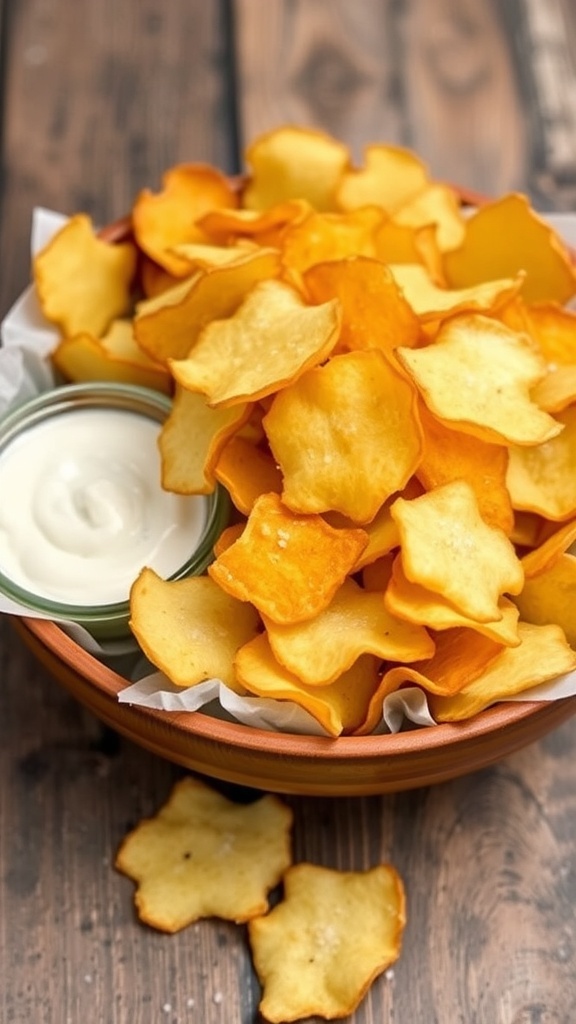 A bowl of crispy homemade potato chips with a side of dip on a wooden table.